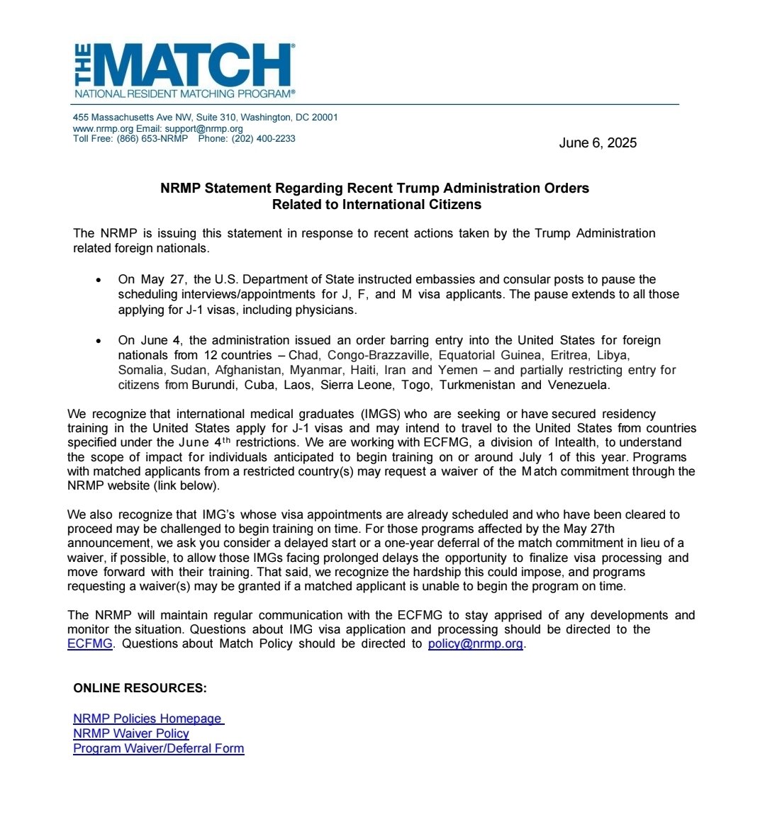𝗡𝗥𝗠𝗣 𝗦𝘁𝗮𝘁𝗲𝗺𝗲𝗻𝘁 𝗼𝗻 𝗩𝗶𝘀𝗮 𝗗𝗲𝗹𝗮𝘆𝘀:
Grateful to <a href="/TheNRMP/">NRMP®</a> leadership for issuing a supportive statement regarding the J1 visa pause and travel ban. Your advocacy means a lot during this challenging time.

"For those programs affected by the May 27th