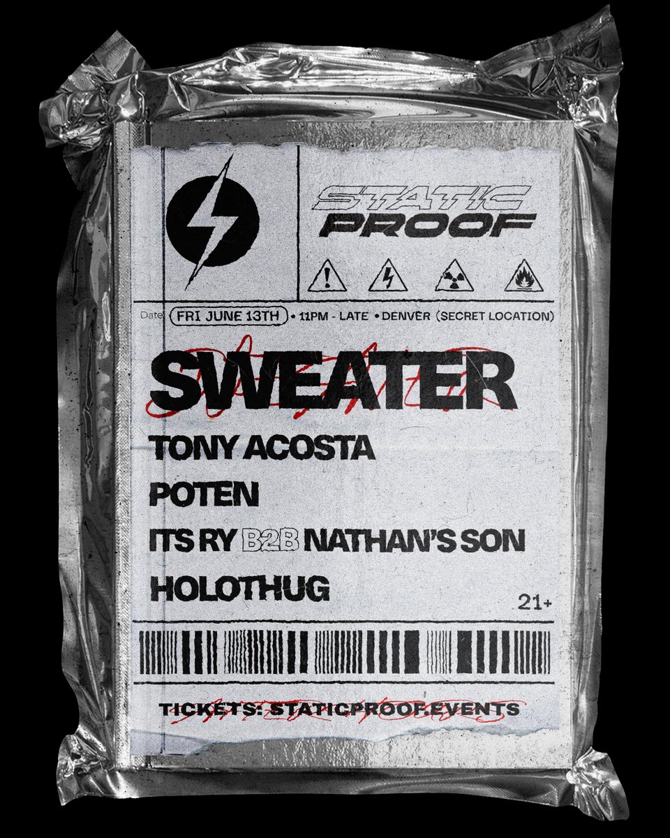 STATICPROOF AFTERHOURS 🌙 

✦ sweater
✦ tony acosta 
✦ poten
✦ it’s ry b2b nathan’s son
✦ holothug 

⟴ FRI JUNE 13th
⟴ MINIMAL HOUSE
⟴ DANLEY SOUND 
⟴ 11PM - LATE
⟴ SECRET LOCATION ⟴ DENVER CO ⟴ 21+

🎟️: staticproof.events