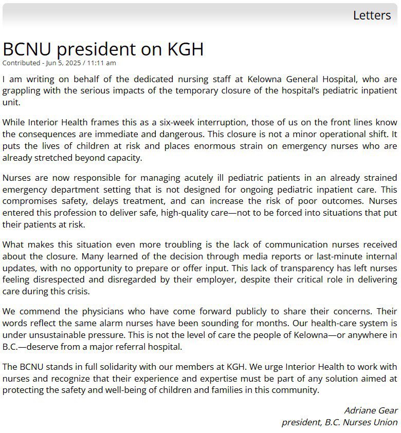 mack4change's tweet image. The BCNU ( BC Nurses Union) has joined doctors speaking out about the unprecedented healthcare closures at KGH. 

What exactly is minister @Josie_Osborne doing to address this serious service reduction at KGH? 

And how can British Columbians be sure this is not just the first of