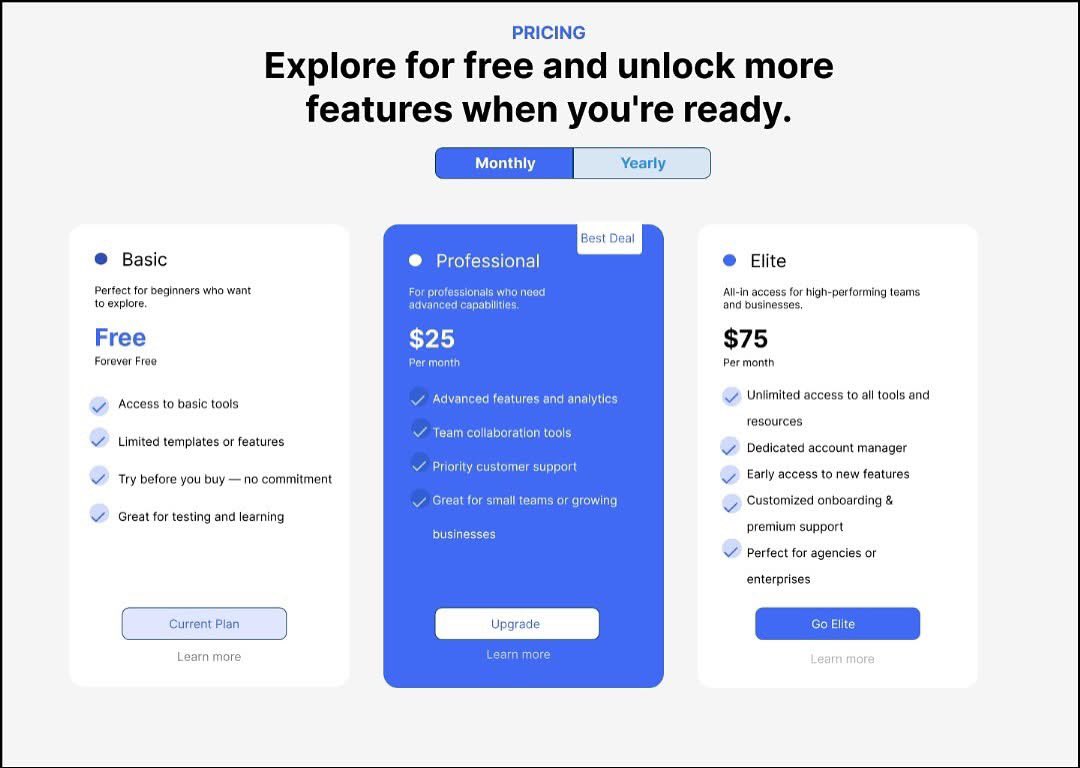 your_tecksis's tweet image. Day 15/30 - Pricing Page Design
Clear and compelling pricing for a platform offering both free and paid plans.
…
#dailyuidesign #uidesignchallenge #pricingpagedesign #saasdesign #freemium #uxuidesign #uiinspiration