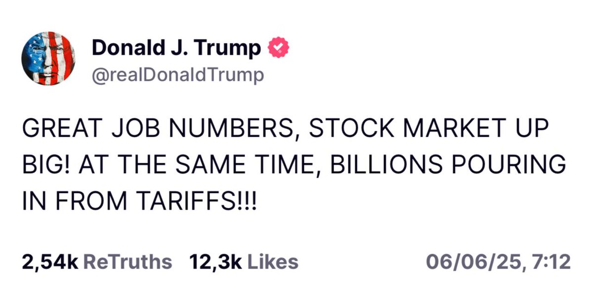 🚨 BREAKING: Trump: "Numeri del lavoro solidi, mercato azionario in crescita e miliardi in arrivo dai dazi"