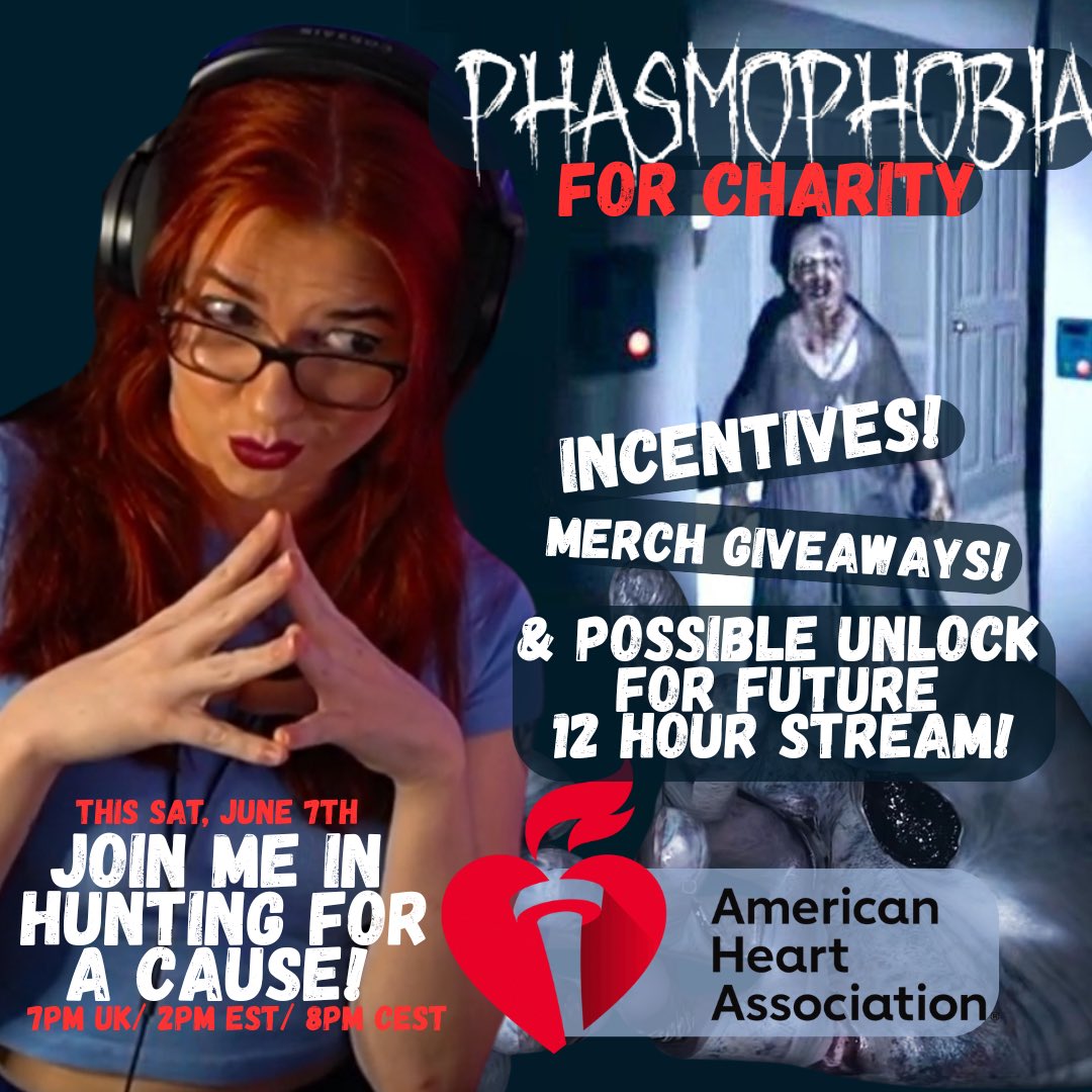 GHOST Velvet (@r3dxvelvet) on Twitter photo JOIN ME TOMORROW IN HUNTING FOR A CAUSE!!! 🤩🤩🤩
Teamed up with the <a href="/American_Heart/">American Heart Association</a> for their <a href="/PlayPhasmo/">Phasmophobia</a> event!
Incentives, merch giveaways, ghost predictions & possibly unlock a future 12 hour stream?? 😮👀👻 JOIN ME TOMORROW IN HUNTING FOR A CAUSE!!! 🤩🤩🤩
Teamed up with the <a href="/American_Heart/">American Heart Association</a> for their <a href="/PlayPhasmo/">Phasmophobia</a> event!
Incentives, merch giveaways, ghost predictions & possibly unlock a future 12 hour stream?? 😮👀👻
