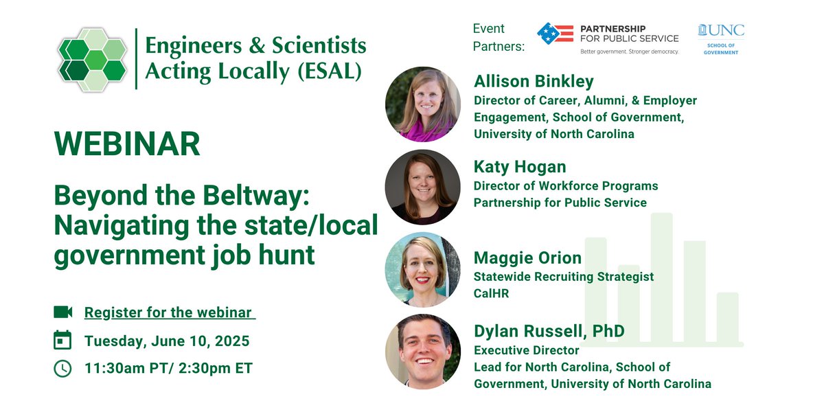 Join <a href="/ESAL_us/">Eng&SciActLocally</a> for Beyond the Beltway: Navigating the state/local government job hunt.

Attendees will learn more about ESAL resources and take part in a guided skills assessment to identify their local government career potential. lite.spr.ly/6000yE16