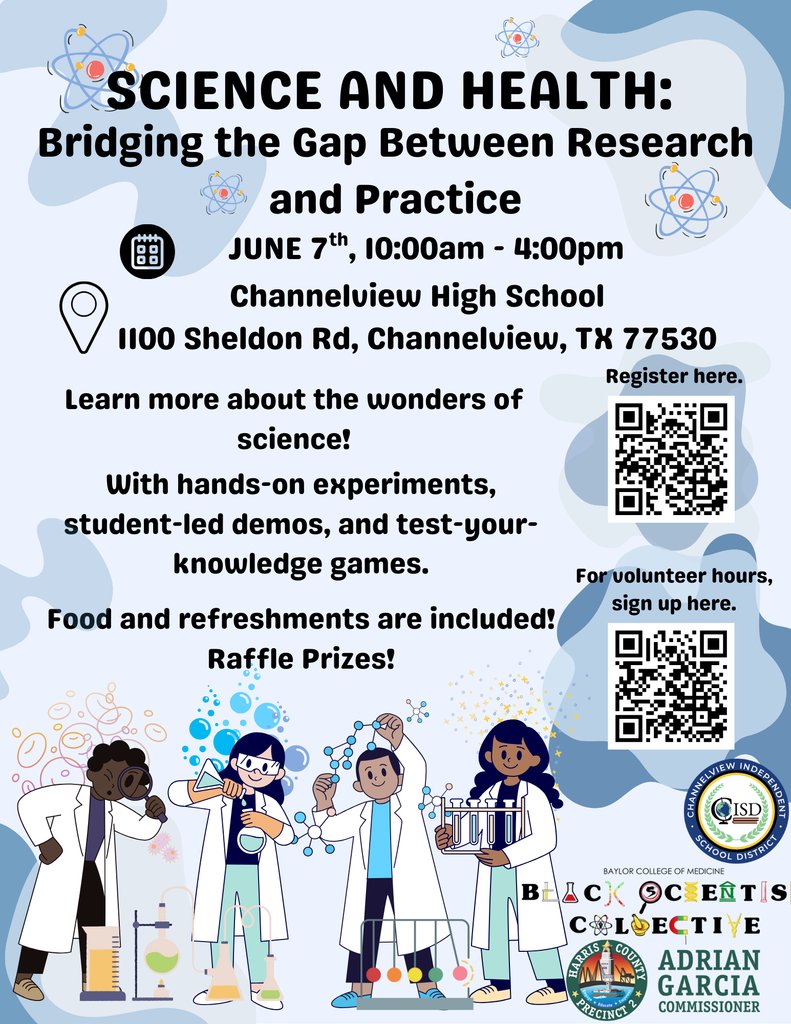 AliceJohnsonJrH's tweet image. π¨ Donβt forget!
Join us TOMORROW at Channelview High School for the Science & Health Fair from 10 AM β 4 PM!
π Hands-on science fun, free health resources, food, and raffle prizesβsomething for everyone!
π 1100 Sheldon Rd, Channelview