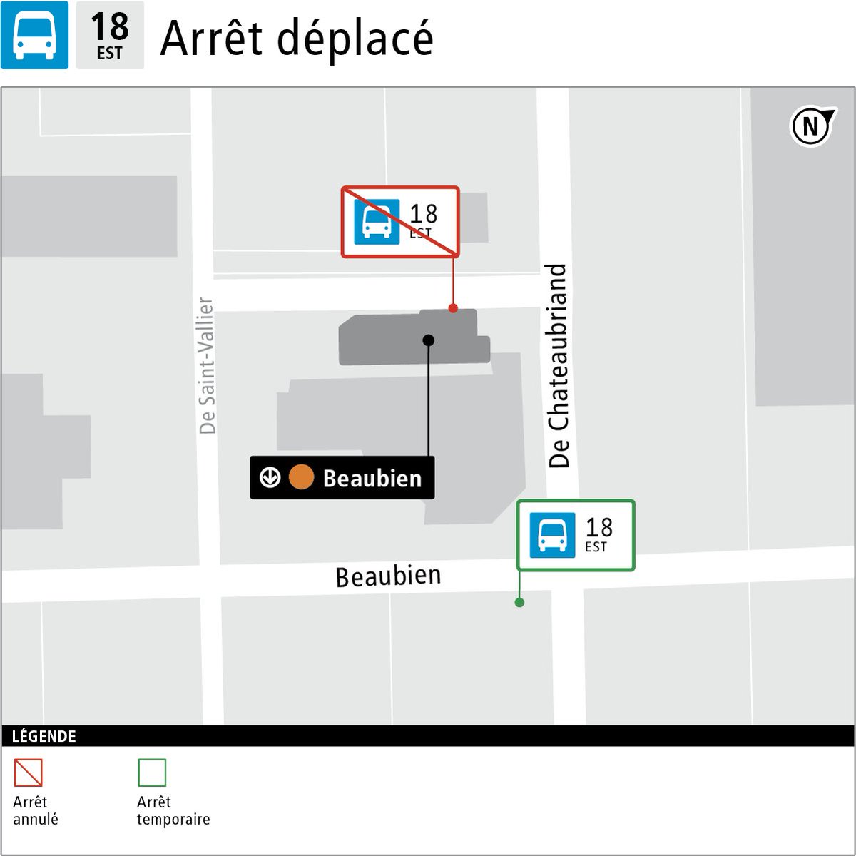 stm_Bus's tweet photo. [Arrêt relocalisé] ⚠️🚌📍 En raison de travaux, l'arrêt de la ligne #stm18 situé devant la station 🟠Beaubien sera relocalisé le 31 mai et 1 juin. https://t.co/mLw2kCMBuP