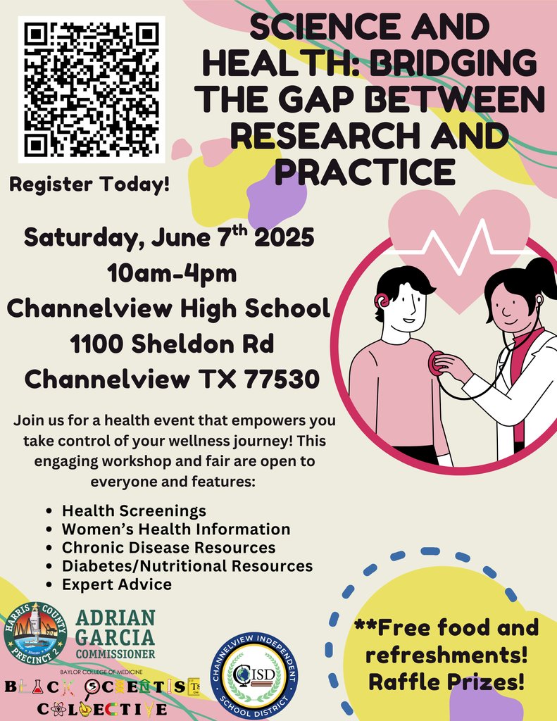 AliceJohnsonJrH's tweet image. π¨ Donβt forget!
Join us TOMORROW at Channelview High School for the Science & Health Fair from 10 AM β 4 PM!
π Hands-on science fun, free health resources, food, and raffle prizesβsomething for everyone!
π 1100 Sheldon Rd, Channelview