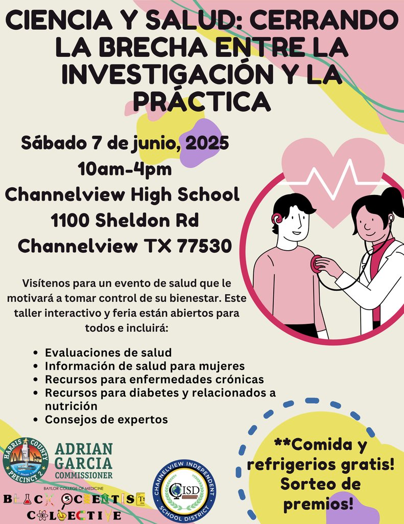 AliceJohnsonJrH's tweet image. π¨ Donβt forget!
Join us TOMORROW at Channelview High School for the Science & Health Fair from 10 AM β 4 PM!
π Hands-on science fun, free health resources, food, and raffle prizesβsomething for everyone!
π 1100 Sheldon Rd, Channelview