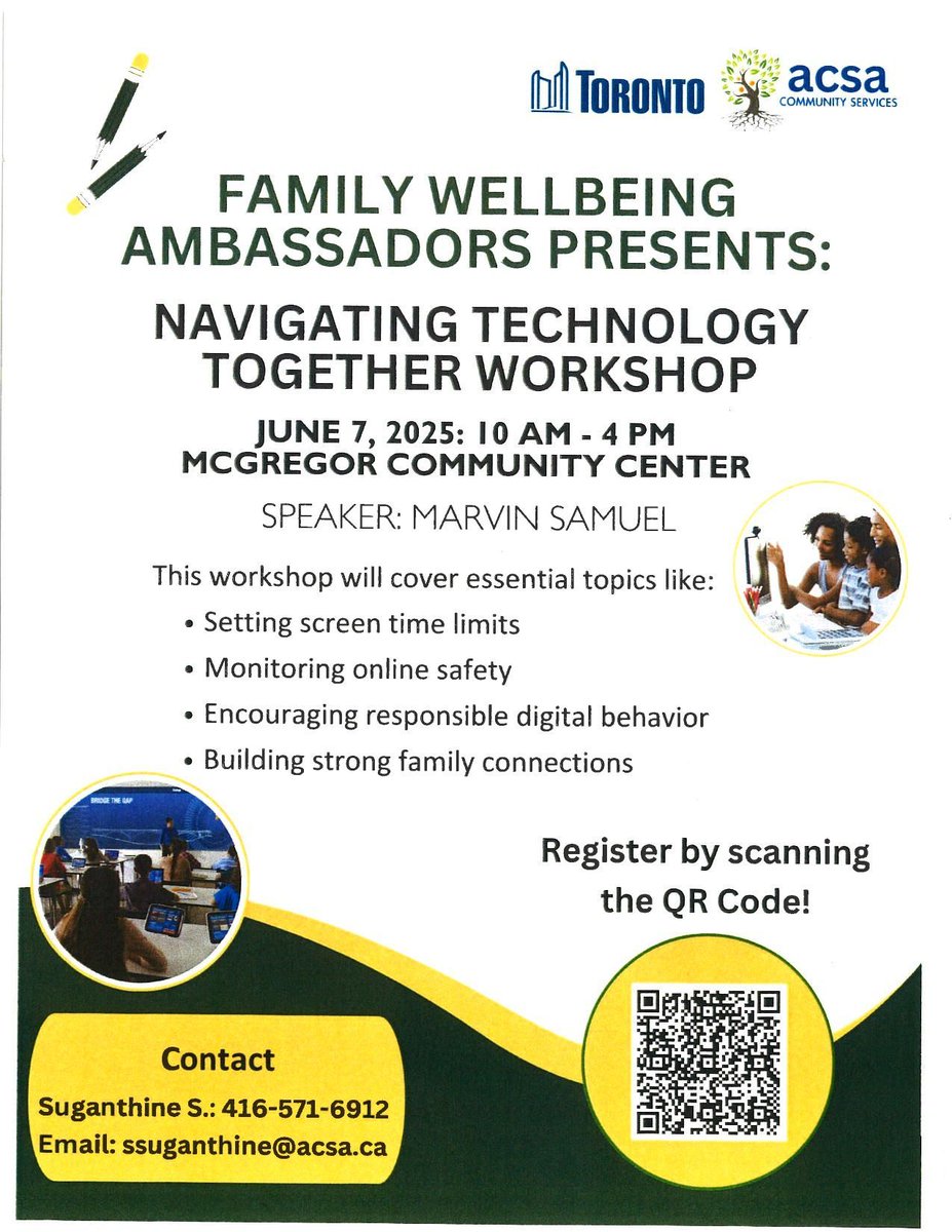 Join Our #Family #Well-being Ambassadors for an in-person #workshop on navigating and understanding #technology use for your family. 📅 Sat June 7⌚ 10AM - 4PM📍McGregor Community Centre (2231 Lawrence Ave E, Scarborough, ON M1P 2P5) Register online bit.ly/3TbUwmJ