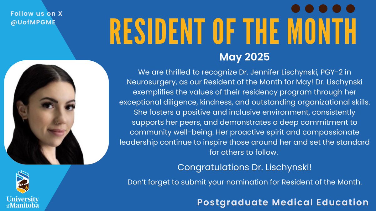 Congratulations to May's Resident of the Month, Dr. Jennifer Lischynski, PGY-2 Neurosurgery! Her kindness, leadership, and dedication to community well-being set a shining example for all.  #PGME #ResidentoftheMonth #UManitoba #Awards 🏆⚕️🩺🥼