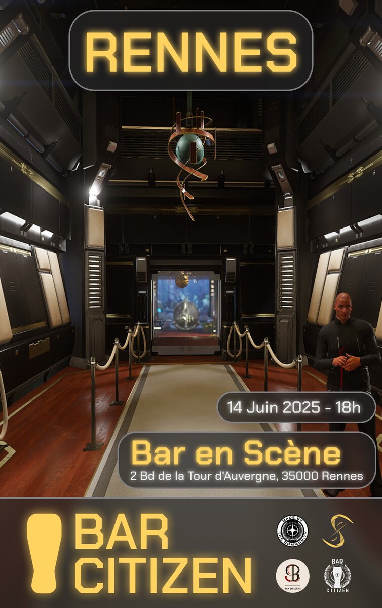 🍻 Dans un peu plus d'une semaine se tiendra le #BarCitizen de RENNES, et nous avons de nouvelles infos à vous communiquer :

🔹Pour rappel, le #BarCitizen se déroulera le samedi 14 juin à partir de 18h au Bar en Scène (2 Bd de la Tour d'Auvergne, 35000 Rennes) ! 📍🗓️
🔹L'entrée