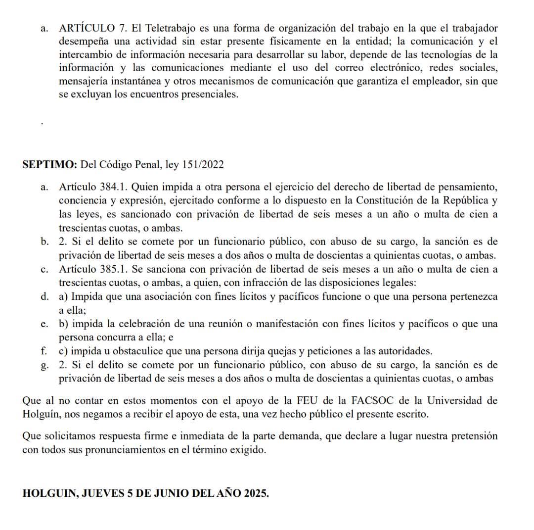 URGENTE 📢 
La facultad de derecho de la Universidad de Holguin redacta una DEMANDA CONTRA ETECSA. Por primera vez en la historia de cuba, estudiantes demandan abiertamente a una empresa estatal. Estamos viviendo momentos históricos para cuba. La libertad avanza.