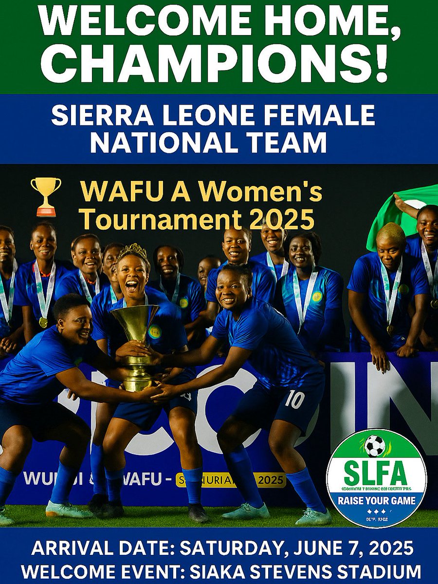 Sierra Leone Football Association (@slfa_sl) on Twitter photo ๐๐๐๐๐๐๐ ๐๐๐๐, ๐๐๐๐๐๐ ๐๐๐๐๐๐ โ ๐๐๐
๐ ๐ ๐๐๐๐๐๐๐๐๐ ๐๐๐๐!
<a href="/SLFA_sl/">Sierra Leone Football Association</a> proudly announces the arrival of our victorious ๐๐ฎ๐๐๐ง๐ฌ, after their historic win at the ๐๐๐
๐ ๐ ๐๐จ๐ฆ๐๐งโ๐ฌ ๐๐จ๐ฎ๐ซ๐ง๐๐ฆ๐๐ง๐ญ ๐๐๐๐ held in Mauritania! ๐ธ๐ฑ๐ ๐๐๐๐๐๐๐ ๐๐๐๐, ๐๐๐๐๐๐ ๐๐๐๐๐๐ โ ๐๐๐
๐ ๐ ๐๐๐๐๐๐๐๐๐ ๐๐๐๐!
<a href="/SLFA_sl/">Sierra Leone Football Association</a> proudly announces the arrival of our victorious ๐๐ฎ๐๐๐ง๐ฌ, after their historic win at the ๐๐๐
๐ ๐ ๐๐จ๐ฆ๐๐งโ๐ฌ ๐๐จ๐ฎ๐ซ๐ง๐๐ฆ๐๐ง๐ญ ๐๐๐๐ held in Mauritania! ๐ธ๐ฑ๐