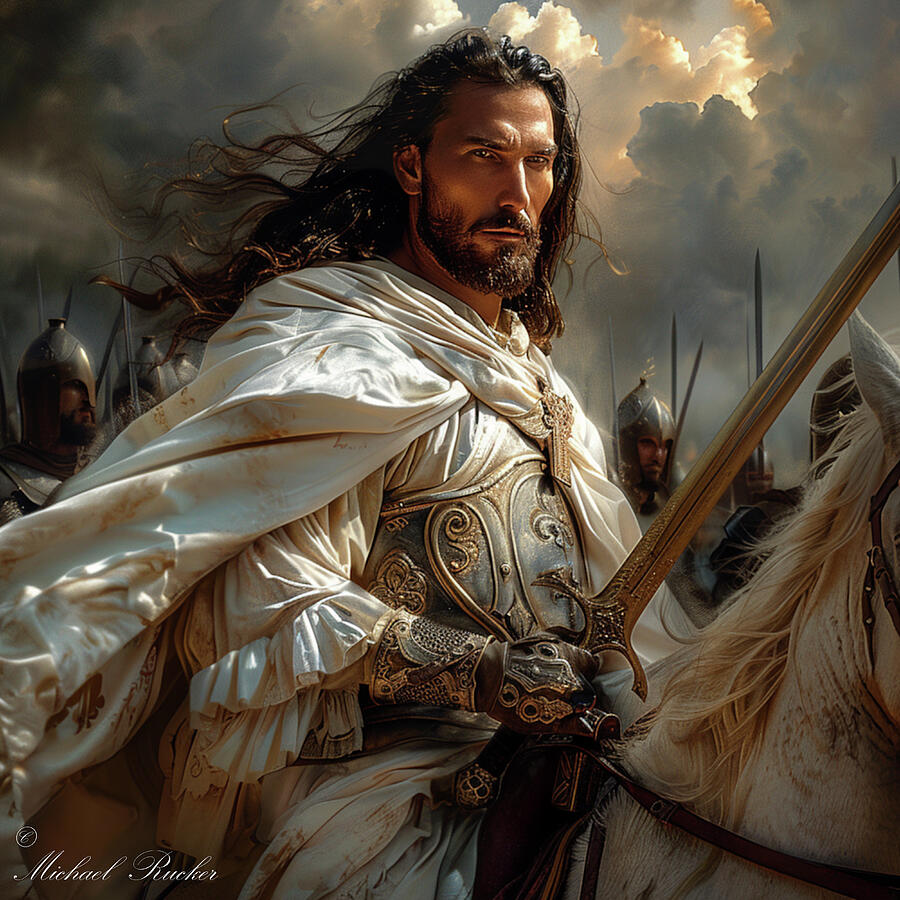 fineartamerica.com/featured/chris…
" Christ the King "
By Artist Michael Rucker 
Copyright ©️ 

Description :
Jesus Christ the Second coming riding on a white horse with long hair and a fierce expression rides a white horse, clad in ornate armor and holding a sword. Dark clouds loom behind