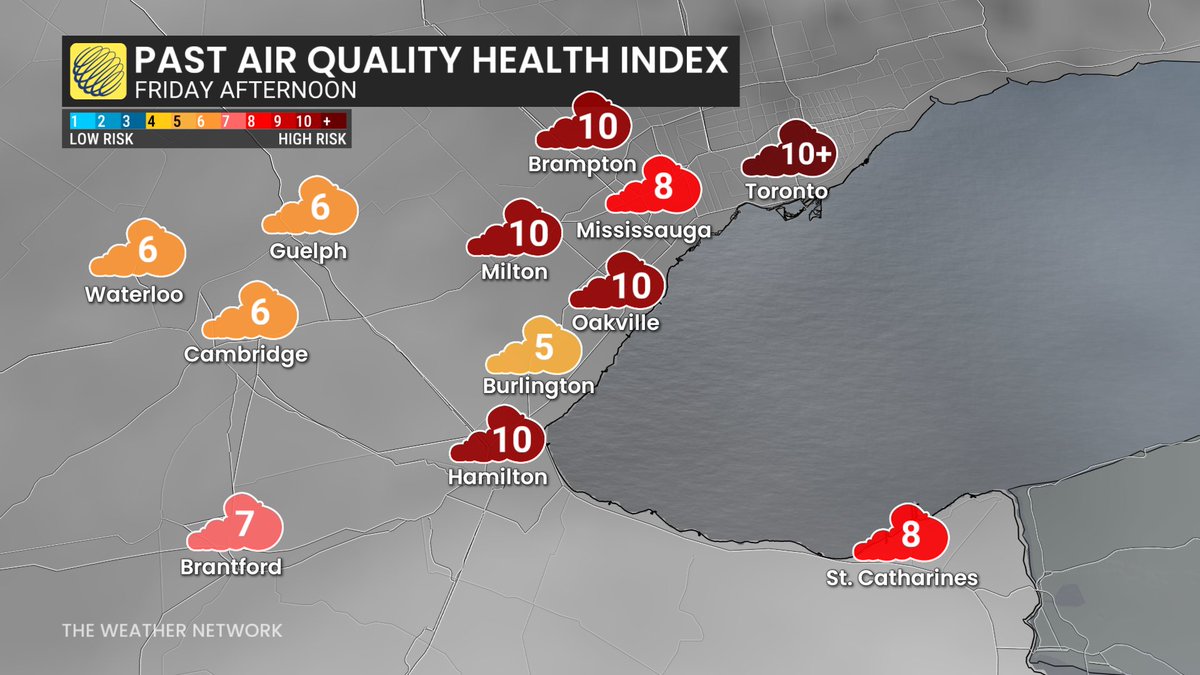 Rachel Modestino TWN (@thatmetgirl) on Twitter photo #AQHI of 10 or higher reached Friday afternoon from #Toronto to #Hamilton. Smoke's slowly moving but will likely still impact Saturday. #ONwx <a href="/weathernetwork/">The Weather Network</a> #AQHI of 10 or higher reached Friday afternoon from #Toronto to #Hamilton. Smoke's slowly moving but will likely still impact Saturday. #ONwx <a href="/weathernetwork/">The Weather Network</a>