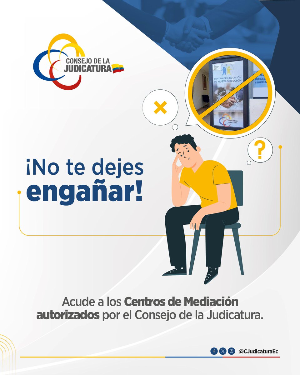 🤝 | #MediaciónCJ

Hemos recibido múltiples alertas sobre centros y personas que ofrecen servicios de mediación sin estar autorizados. ¡No te dejes engañar!

Antes de acceder a servicios de mediación o inscribirte en cursos de formación, asegúrate de que estén debidamente