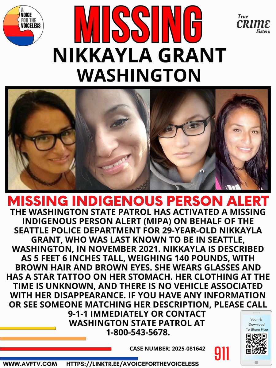 🔴 MISSING INDIGENOUS PERSON ALERT — SEATTLE, WASHINGTON 🔴

It has been over three years since 29-year-old Nikkayla Grant was last seen in Seattle, Washington, in November 2021. In April 2025, the Washington State Patrol issued a Missing Indigenous Person Alert (MIPA) on behalf