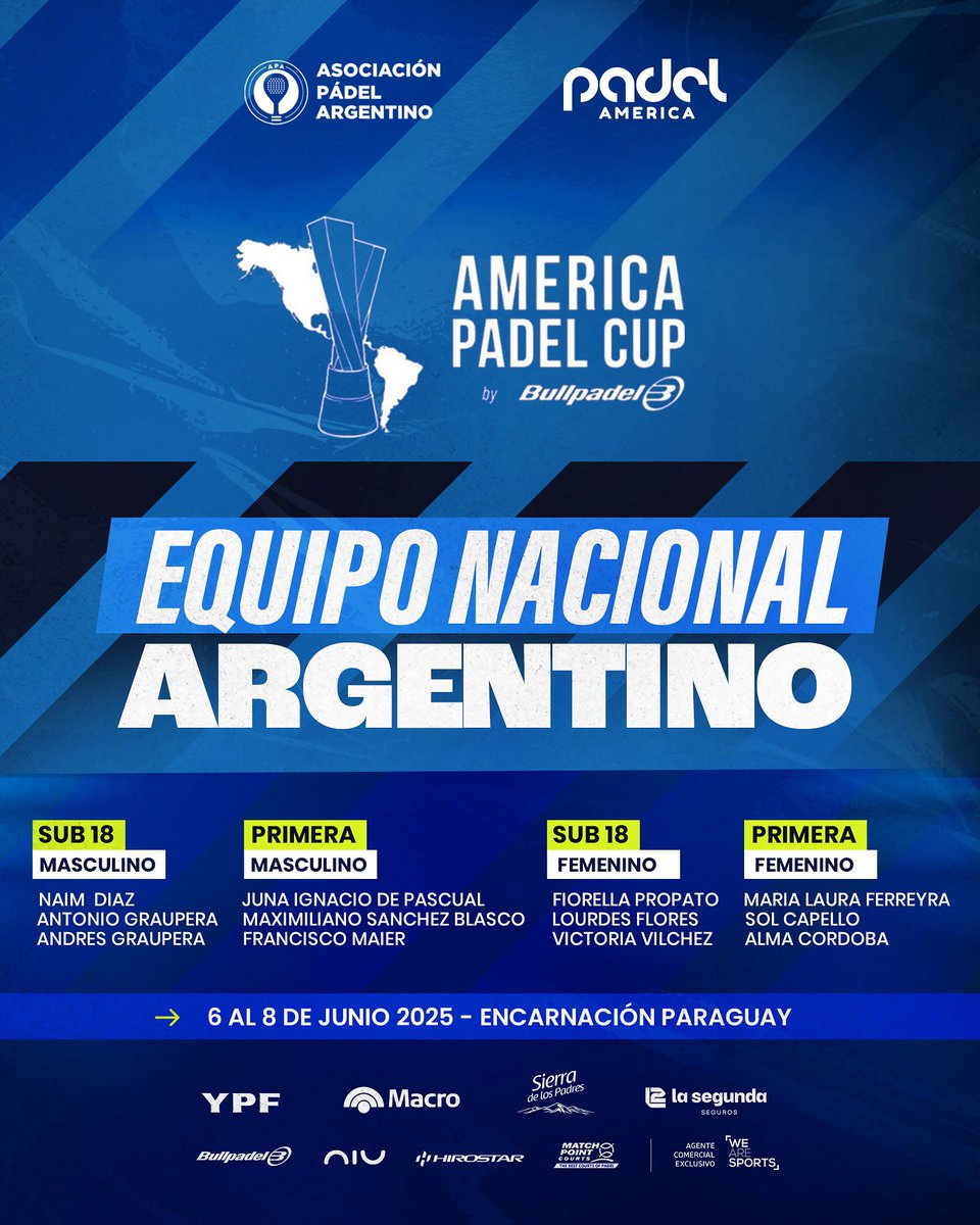 Estos son los representantes oficiales de Argentina que enfrentarán a Paraguay en la América Pádel Cup, del 6 al 8 de junio en Encarnación.

¡Vamos con todo, Argentina! 🇦🇷 

#APA