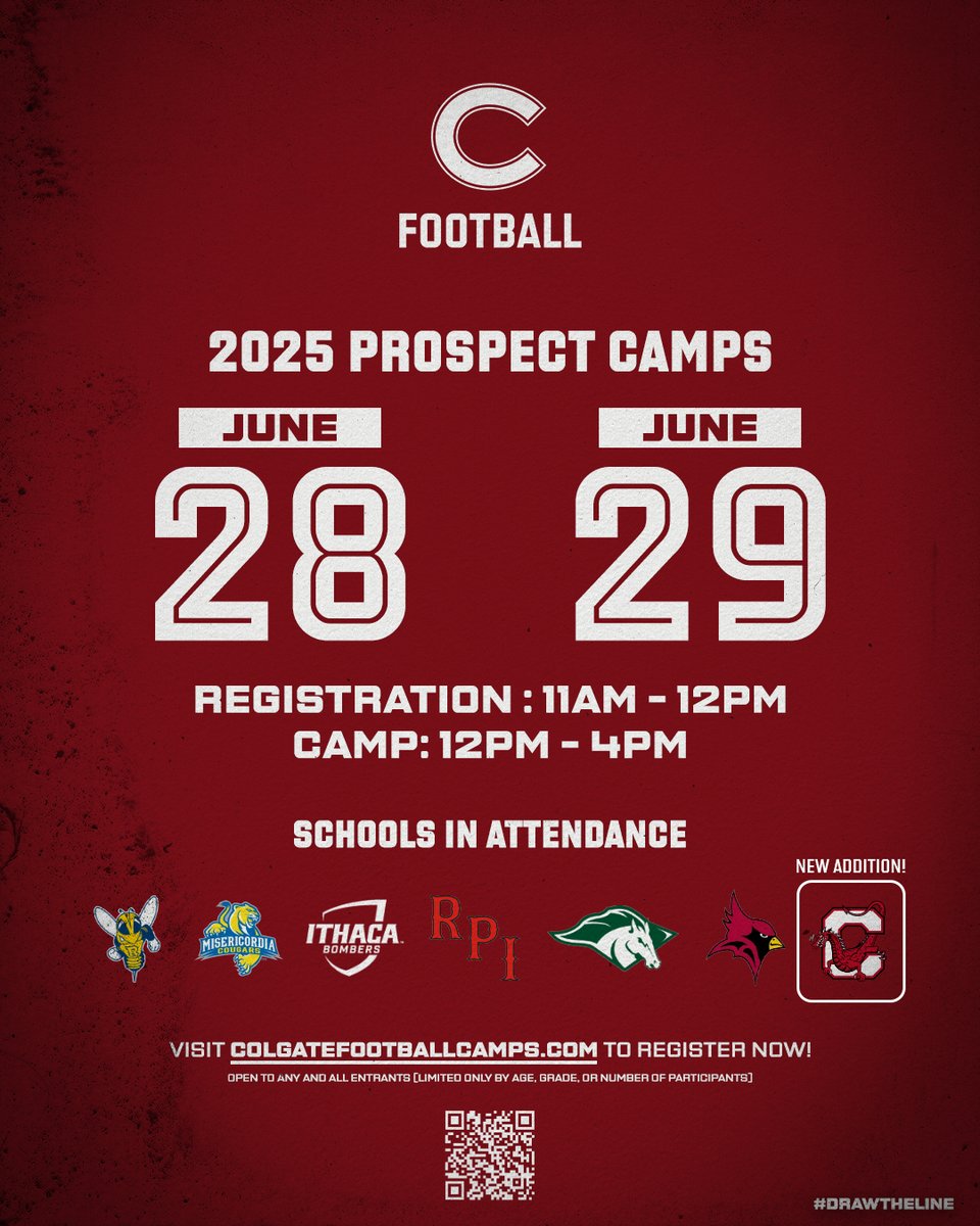 ColgateFB's tweet image. 𝐂𝐚𝐦𝐩 𝐢𝐬 𝐣𝐮𝐬𝐭 𝐚𝐫𝐨𝐮𝐧𝐝 𝐭𝐡𝐞 𝐜𝐨𝐫𝐧𝐞𝐫 👀
Don’t miss out on an elite college football experience in Hamilton, NY. Get looks and be coached by the best coaches in the area!
Register now!!
🔗 Colgatefootballcamps.com
#GoGate | #DrawTheLine