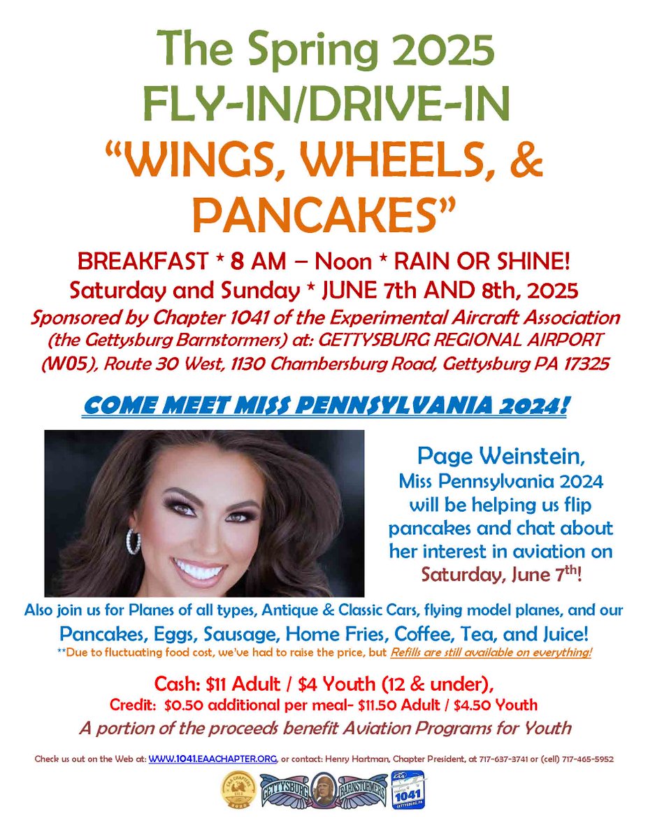 ✈️ Pancakes, planes &amp; classic cars!
Join us June 7–8 (8AM–Noon) at Gettysburg Regional Airport (W05) for a fun fly-in event!
🥞 Breakfast + Miss PA 2024 on Saturday!
chapters.eaa.org/~/media/027001…