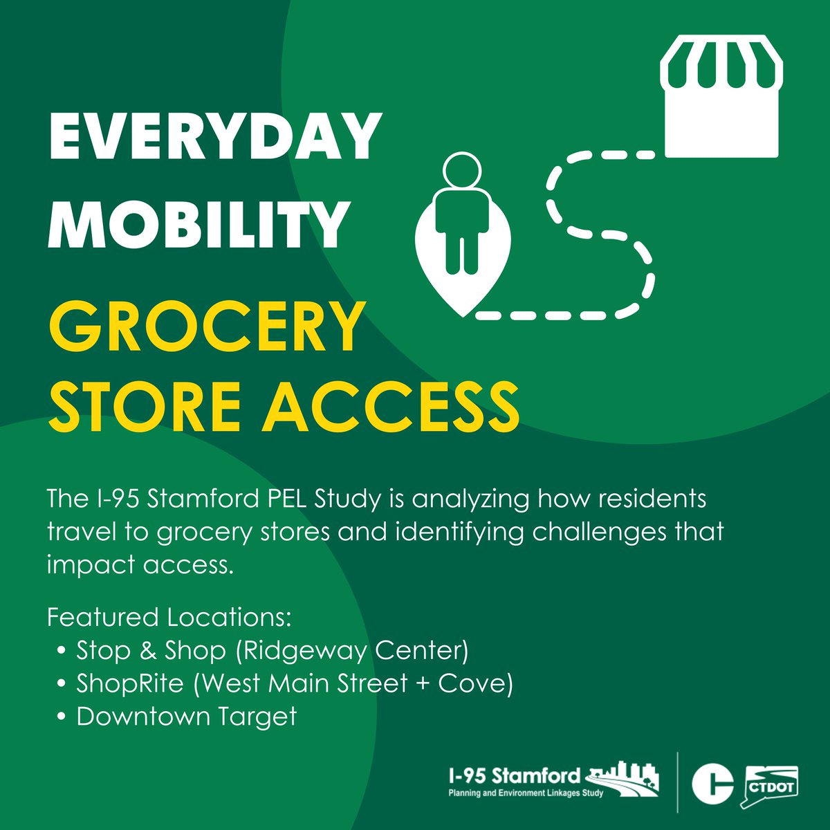 Access to everyday essentials like grocery stores is a factor being considered as part of the I-95 Stamford PEL Study.

The team is reviewing how easy it is to reach key destinations such as Ridgeway’s Stop &amp; Shop, the West Main Street ShopRite, Downtown Target, and the Cove