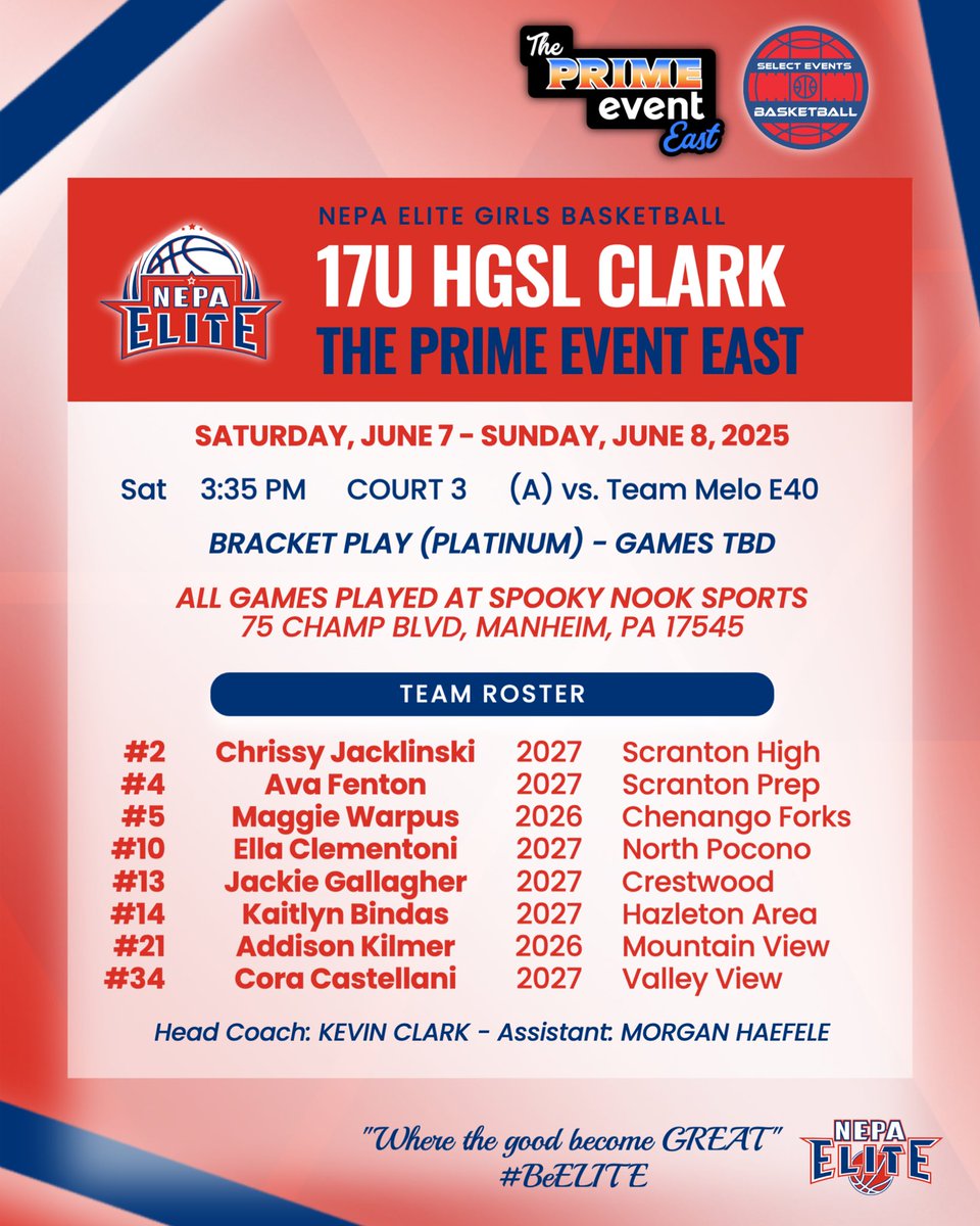 NEPA Elite Basketball (@nepa_elite) on Twitter photo 17U HGSL Clark | PRIME Event East
 📍 Spooky Nook
📆 June 7-8

Weekend schedule & roster drop ⬇️
Let’s get to work!
👥 <a href="/Chrissy_jack2/">Chrissy Jacklinski</a> <a href="/clementoni_ella/">Ella Clementoni - c/o 2027</a> <a href="/Castellani34/">Cora Castellani</a> <a href="/KaitlynBindas14/">Kaitlyn Bindas</a> <a href="/addisonkilmer21/">Addison Kilmer</a> <a href="/WarpusMaggie/">Maggie Warpus</a>
📲 Coach <a href="/Coach_Clark42/">Kevin J. Clark</a>
#BeELITE 🤝 <a href="/SelectEventsBB/">Select Events Basketball</a> 17U HGSL Clark | PRIME Event East
 📍 Spooky Nook
📆 June 7-8

Weekend schedule & roster drop ⬇️
Let’s get to work!
👥 <a href="/Chrissy_jack2/">Chrissy Jacklinski</a> <a href="/clementoni_ella/">Ella Clementoni - c/o 2027</a> <a href="/Castellani34/">Cora Castellani</a> <a href="/KaitlynBindas14/">Kaitlyn Bindas</a> <a href="/addisonkilmer21/">Addison Kilmer</a> <a href="/WarpusMaggie/">Maggie Warpus</a>
📲 Coach <a href="/Coach_Clark42/">Kevin J. Clark</a>
#BeELITE 🤝 <a href="/SelectEventsBB/">Select Events Basketball</a>