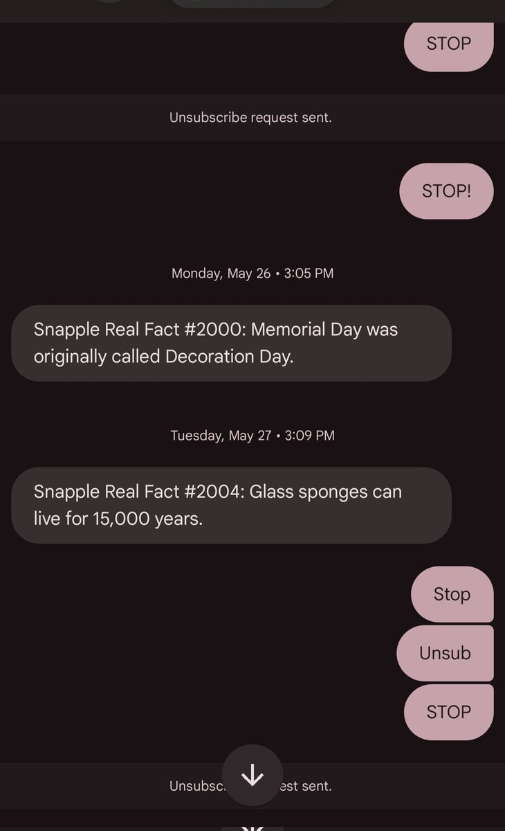 FeferPlays's tweet image. Has anyone ever been able to unsubscribe from the daily #SnappleRealFacts text messages? I&apos;ve tried so many times, and I&apos;m still receiving them. I hate snapple now, and that&apos;s an ice cold fact. @Snapple