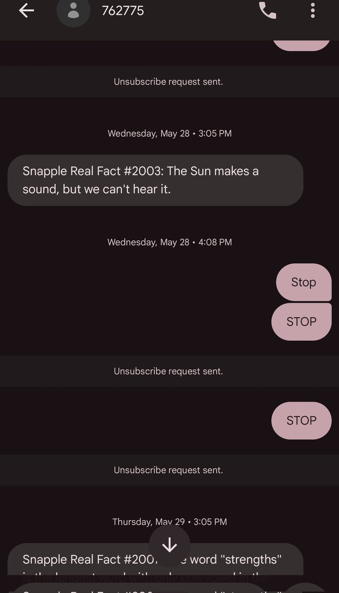 FeferPlays's tweet image. Has anyone ever been able to unsubscribe from the daily #SnappleRealFacts text messages? I&apos;ve tried so many times, and I&apos;m still receiving them. I hate snapple now, and that&apos;s an ice cold fact. @Snapple