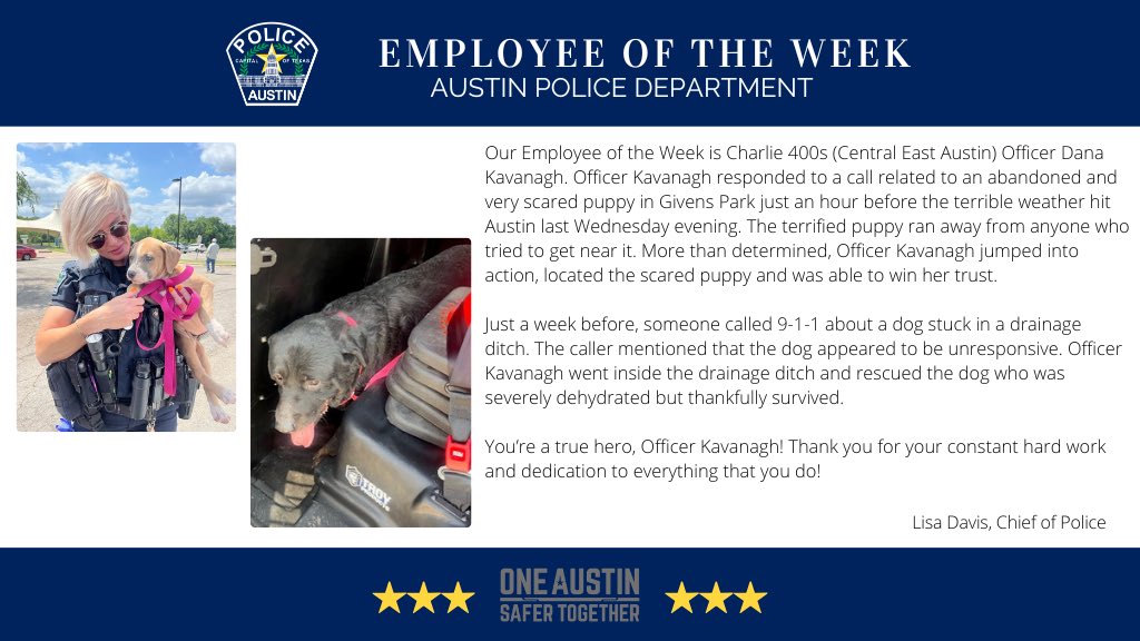 APDChiefDavis's tweet image. Officer Kavanagh with the Charlie 400s (Central East Austin) is described as being one of the hardest working officers on her shift! It definitely shows and I am honored to announce her as our Employee of the Week!