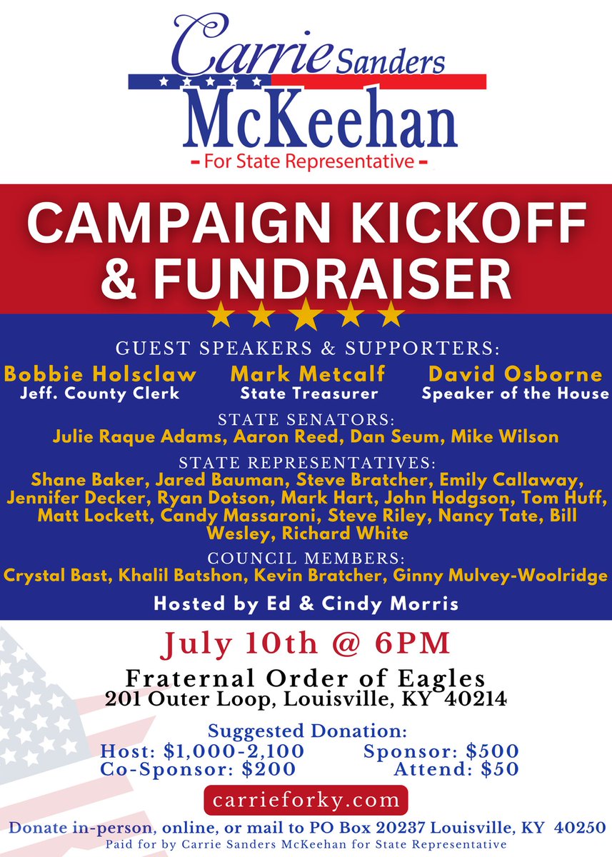 csande02's tweet photo. 🇺🇸BIG NEWS! I’m officially kicking off my campaign for State Rep in District 38!

📍 Join us July 10 at 6PM
📌 Fraternal Order of Eagles, 201 Outer Loop, Louisville

Sign up to volunteer or donate: https://t.co/zS7FcoslGk

#CarrieForKY #TeamCarrie #KYPolitics. https://t.co/yJqsymMWF9