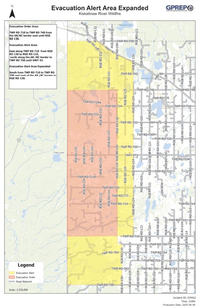 This is an Alberta Emergency Alert. The County of Grande Prairie has issued an evacuation order and has expanded the evacuation alert area due to a wildfire.

The wildfire has now crossed the AB/BC Provincial border.

The current evacuation alert remains in effect and has