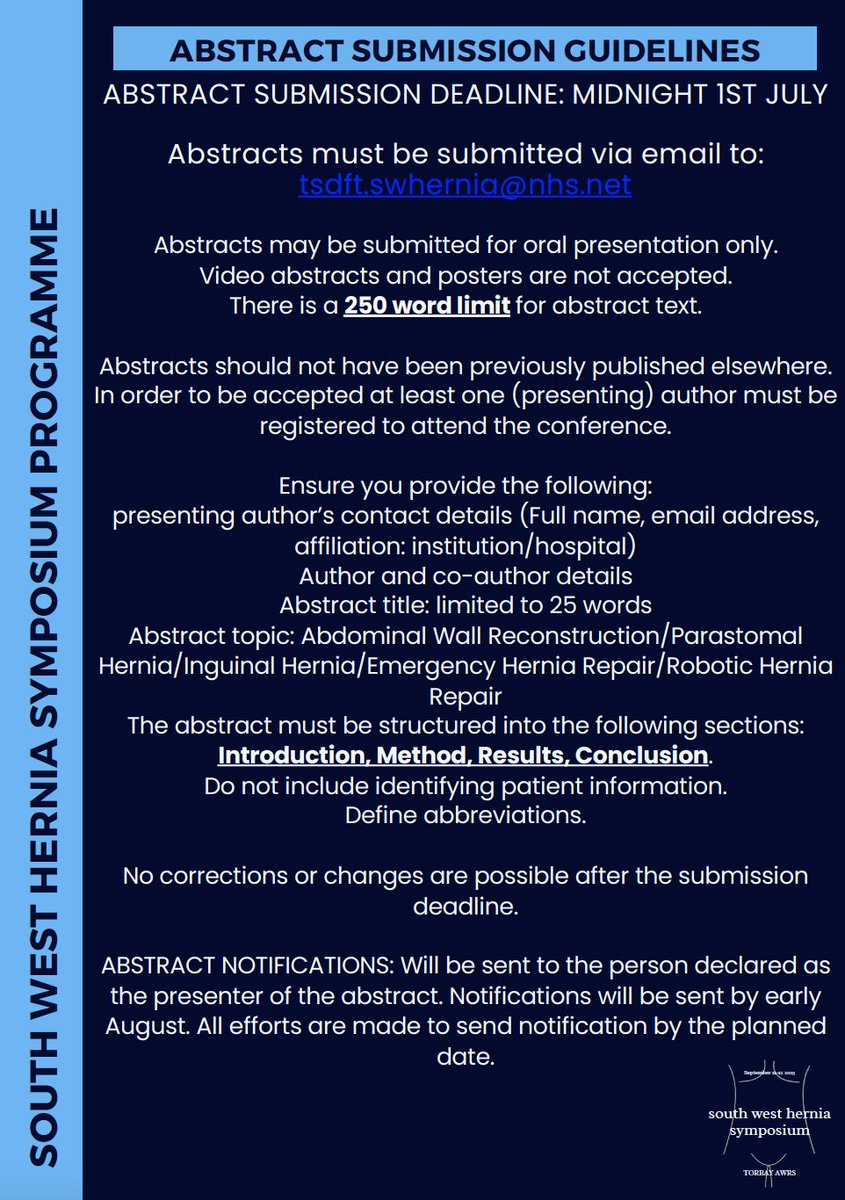 roux_group's tweet image. 📢 South West Hernia Symposium
📅 11–12 September 2025
📍 Imperial Hotel, Torquay
Two-day event exploring AWR, parastomal & inguinal hernia, emergency repair and robotics.
🗣 Abstract submissions close 1st July 2025
🔗Register: southwestsurgicalcourses.com/events/south-w…
