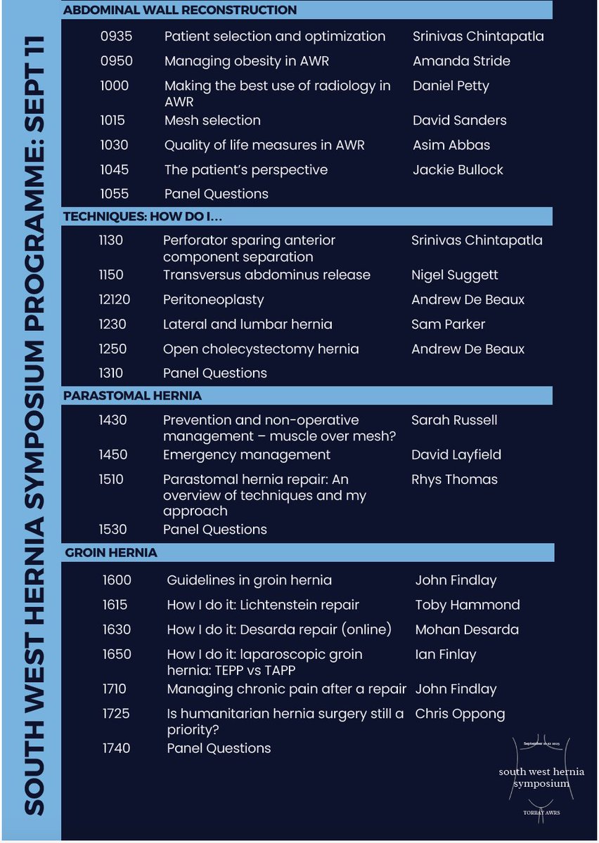roux_group's tweet image. 📢 South West Hernia Symposium
📅 11–12 September 2025
📍 Imperial Hotel, Torquay
Two-day event exploring AWR, parastomal & inguinal hernia, emergency repair and robotics.
🗣 Abstract submissions close 1st July 2025
🔗Register: southwestsurgicalcourses.com/events/south-w…