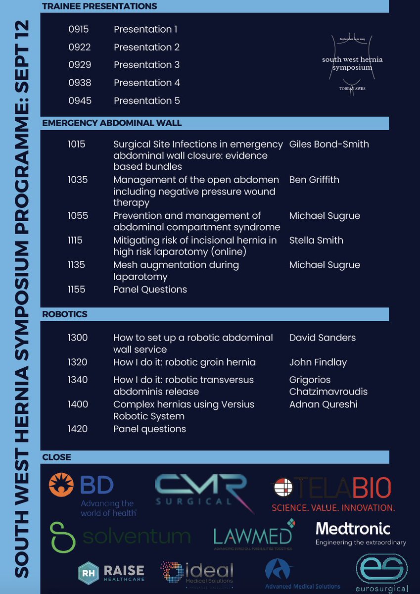 📢 South West Hernia Symposium
📅 11–12 September 2025
📍 Imperial Hotel, Torquay
Two-day event exploring AWR, parastomal &amp; inguinal hernia, emergency repair and robotics.

🗣 Abstract submissions close 1st July 2025

🔗Register: southwestsurgicalcourses.com/events/south-w…