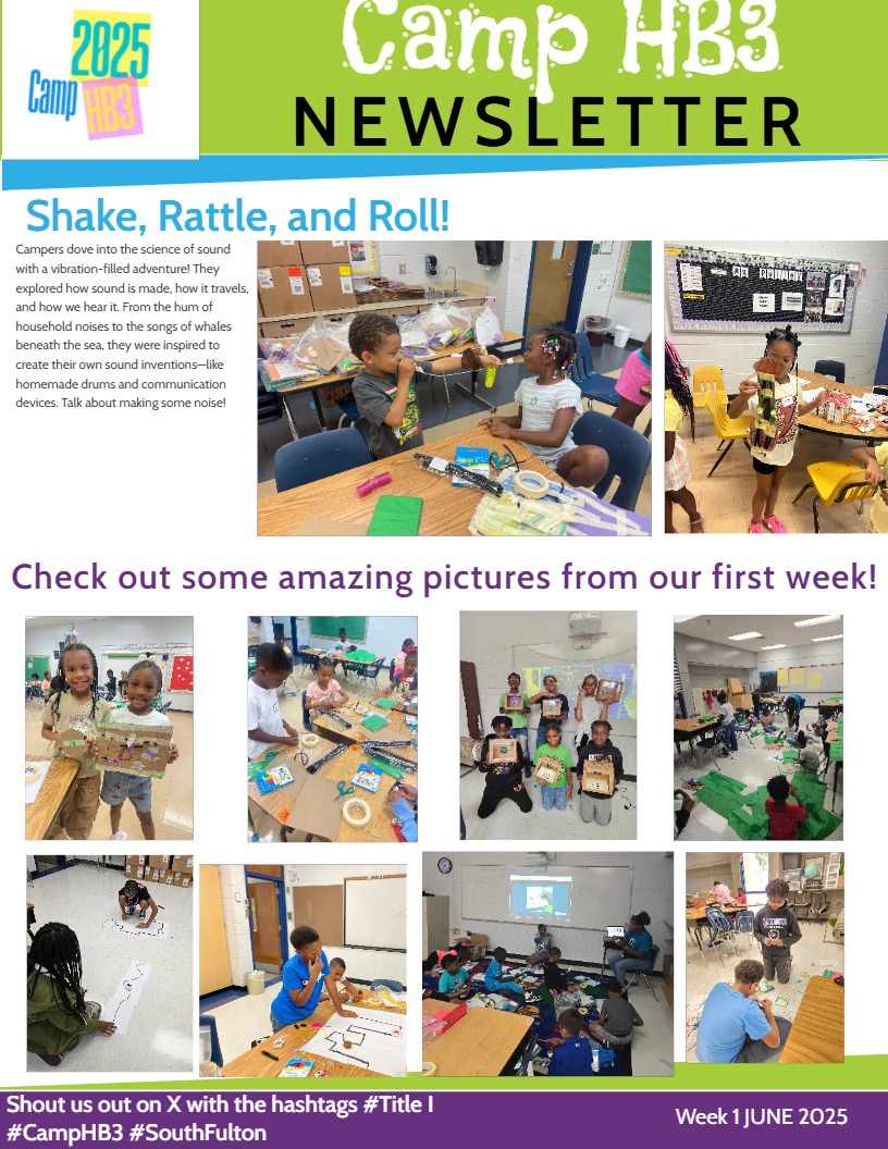 Our first week of #CampHB3 is in the books! With this being my 1st time as a site coordinator, I have learned &amp; maneuvered so much! Our scholars have designed Optibots using sensors, as well as explored sound. ✅️ out our 1st week newsletter! #TitleICampHB3 #FCS <a href="/FultonCoSchools/">FultonCountySchools</a>