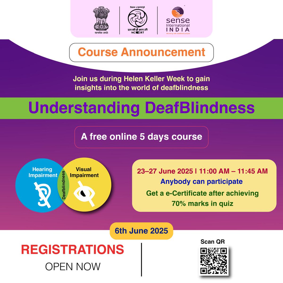 NCERT &amp; Sense India are  launching a  Free 5 Days course on Deafblindness Awareness. Kindly with all Teacher, Principal, Specials educators, Parents and  Students for maximum participation.

Click on link to register⤵️
forms.gle/jUnUi5TyurE2EV… 

Course Begins : 23rd June 2025