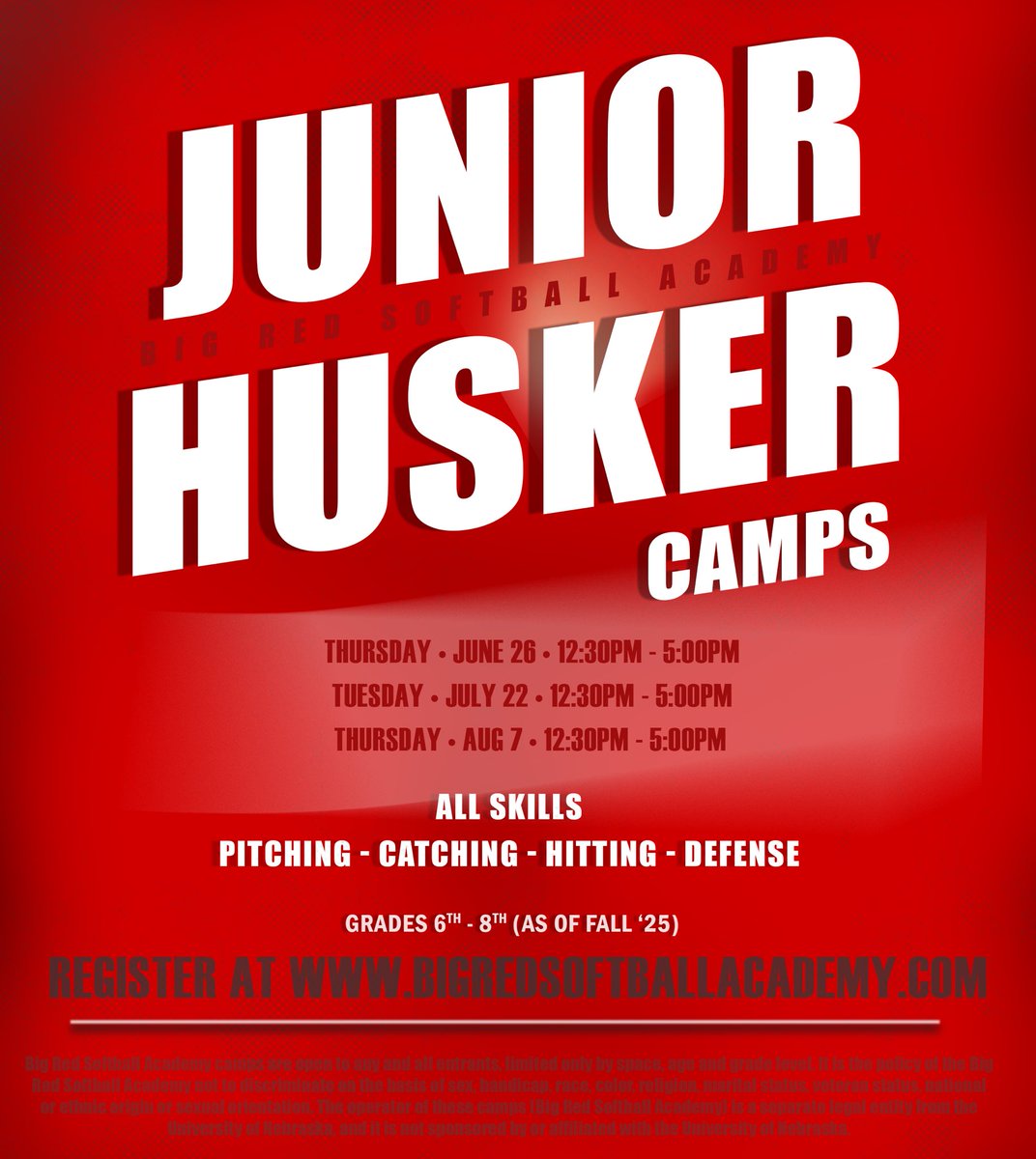 Finally!!! The time has come. Summer youth camp dates are set and open for registration!

Thank you all for your patience, the excitement for these camps is REAL!

We’re pumped to offer a new session this year as well, ‘Hangout with the Huskers’ for our littlest of littles!