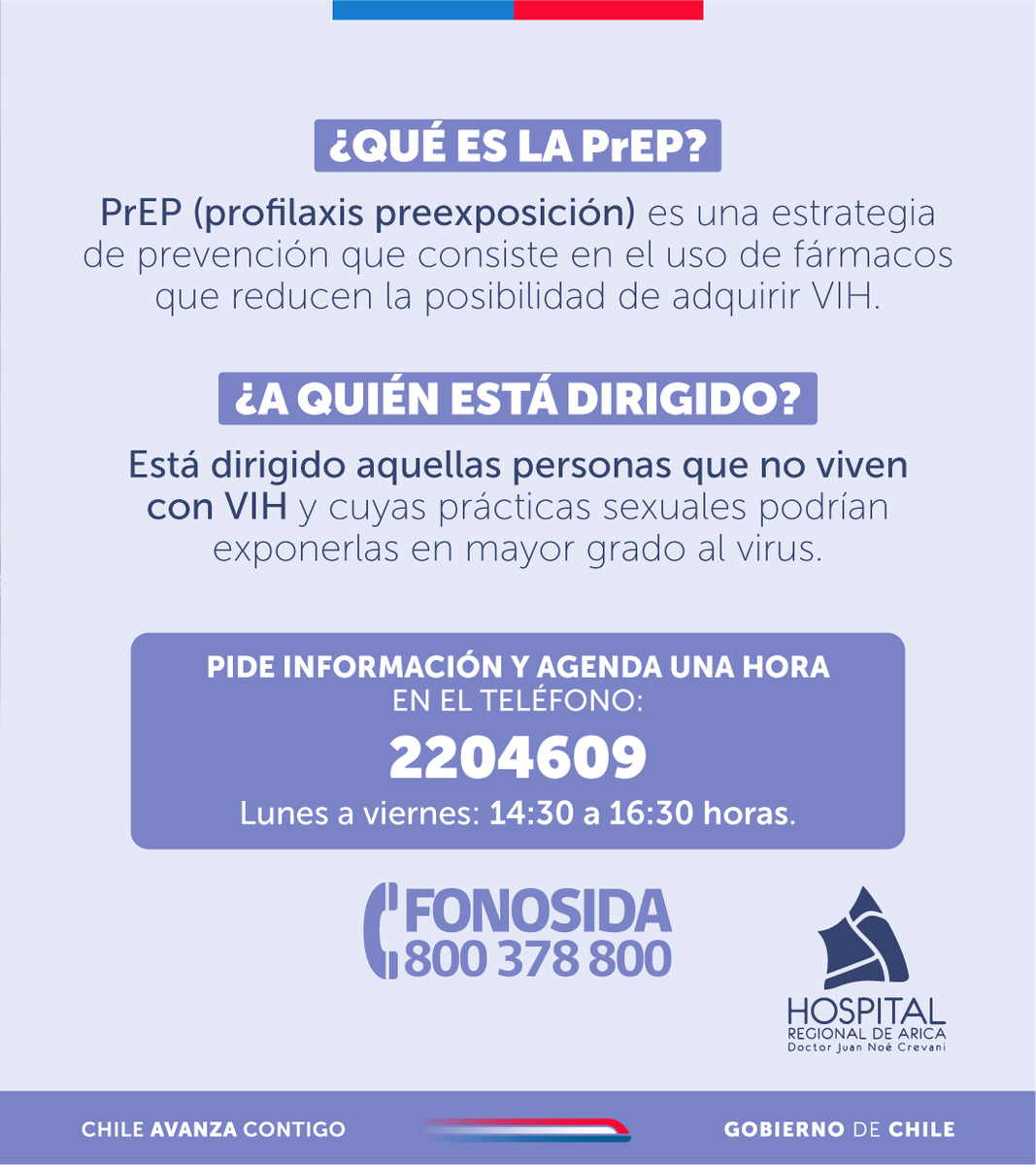 HospitalArica's tweet photo. ¿Sabes que puedes prevenir el #vih con un medicamento? Si estás interesada o interesado en la #PrEP acércate a la unidad de atención y control en salud sexual #unacess para pedir información o solicitar una hora. https://t.co/ZO9SzyfTpO
