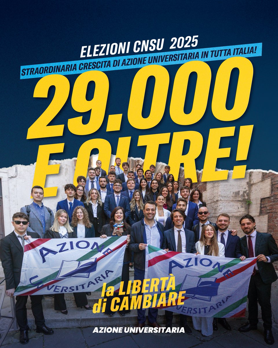 CNSU 2025: Azione Universitaria conquista 5 seggi!

I dati ufficiali del Ministero dell’Università certificano una realtà ormai evidente: l’egemonia della sinistra studentesca è stata spezzata. Con 29.086 voti Azione Universitaria si afferma come seconda forza nel CNSU.