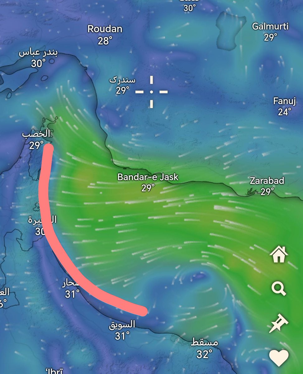 فجرا يتمركز منخفض سطحي في بحر عمان يعمل على إندفاع رياح شمالية شرقية رطبة تؤدي الى انتشار الطبقيات على سواحل بحر عمان ومسندم بأذن الله ..