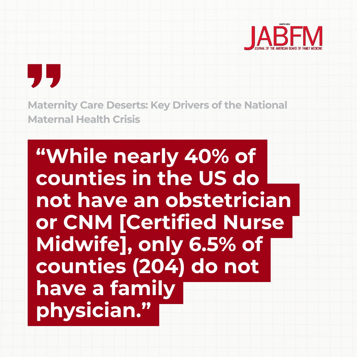 Journal of the American Board of Family Medicine (@jamboardfammed) on Twitter photo Across the U.S., 36% of all US counties qualify as maternal care deserts and have a significant adverse effect on the quality of maternity care, especially among Black women and women in rural areas. Can family physicians help fill this gap? jabfm.org/content/38/1/1… Across the U.S., 36% of all US counties qualify as maternal care deserts and have a significant adverse effect on the quality of maternity care, especially among Black women and women in rural areas. Can family physicians help fill this gap? jabfm.org/content/38/1/1…