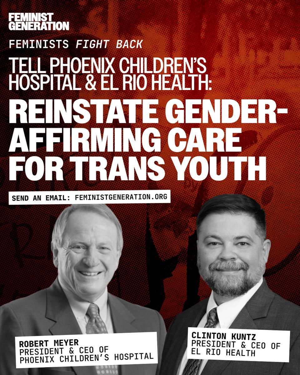 The Feminist Front (@thefeministfrnt) on Twitter photo 🏳️⚧️📧URGENT ACTION ALERT: Email the President & CEOs of <a href="/ElRioHealth/">El Rio Health</a> and <a href="/PhxChildrens/">Phoenix Children's</a> to demand they immediately reinstate gender-affirming care for trans youth.
Send an Email here: secure.everyaction.com/CCiv37x7D06gfM… 🏳️⚧️📧URGENT ACTION ALERT: Email the President & CEOs of <a href="/ElRioHealth/">El Rio Health</a> and <a href="/PhxChildrens/">Phoenix Children's</a> to demand they immediately reinstate gender-affirming care for trans youth.
Send an Email here: secure.everyaction.com/CCiv37x7D06gfM…