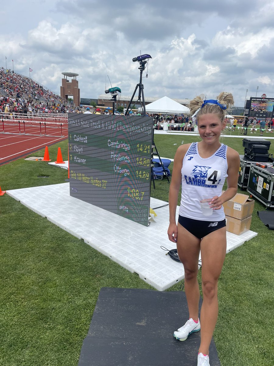 FINALS ALERT: Zoey Caldwell just ran a personal best, school record 14.21 seconds in the 100m hurdles to qualify for the OHSAA Div. II State Track finals tomorrow. She has the fastest time coming into finals tomorrow. #WeAreCambridge