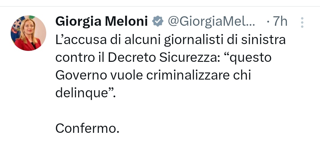 Cara #Meloni, il famigerato #decretosicurezza criminalizza chi protesta democraticamente, non chi delinque, cosa che evidentemente tu fai fatica a comprendere presa come sei dai tuoi idoli #Orban e #Trump 🤬