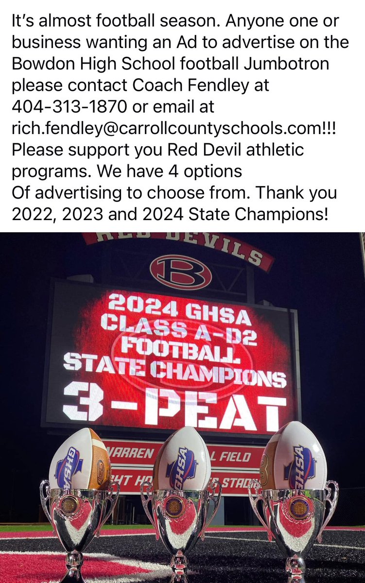 Please support your Bowdon Red Devils with a Jumbotron Ad. FOUR advertising options. Info below!