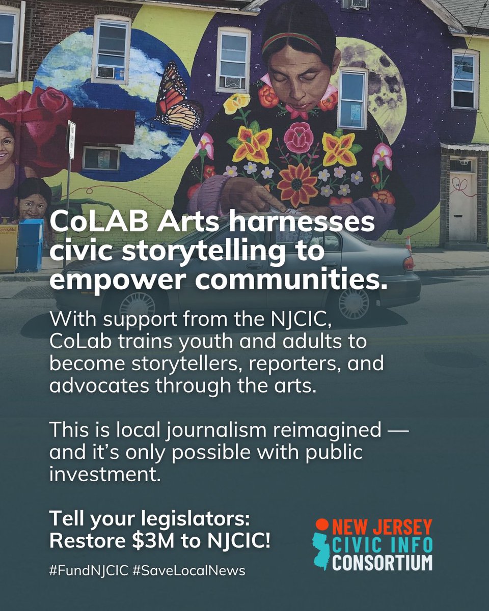 NJCivicInfo's tweet image. With support from theNJCIC, @colabarts is harnessing civic storytelling to empower communities.
Help us keep arts-based civic storytelling alive. Tell your legislators: Restore $3M for NJCIC.
bit.ly/FundNJCIC
#FundNJCIC #SaveLocalNews