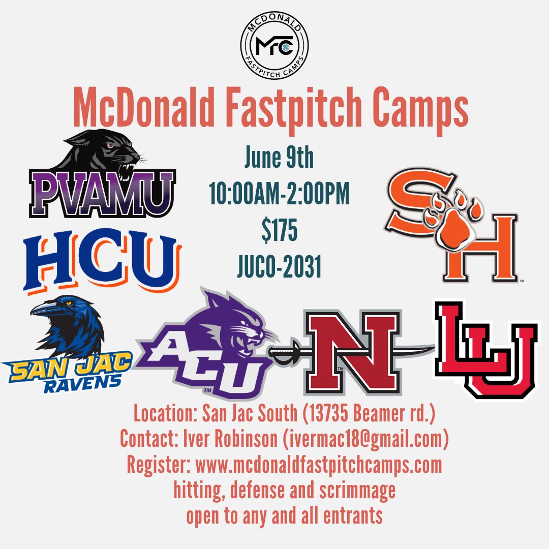 TiffanyRod27's tweet image. Looking forward to meeting all the coaches attending the June 9th McDonald Camp at San Jac! @CoachValis @PVAMUPanthers @HCUSoftball @SanJacSoftball @LamarSoftball @KenedyHines @GeauxColonels