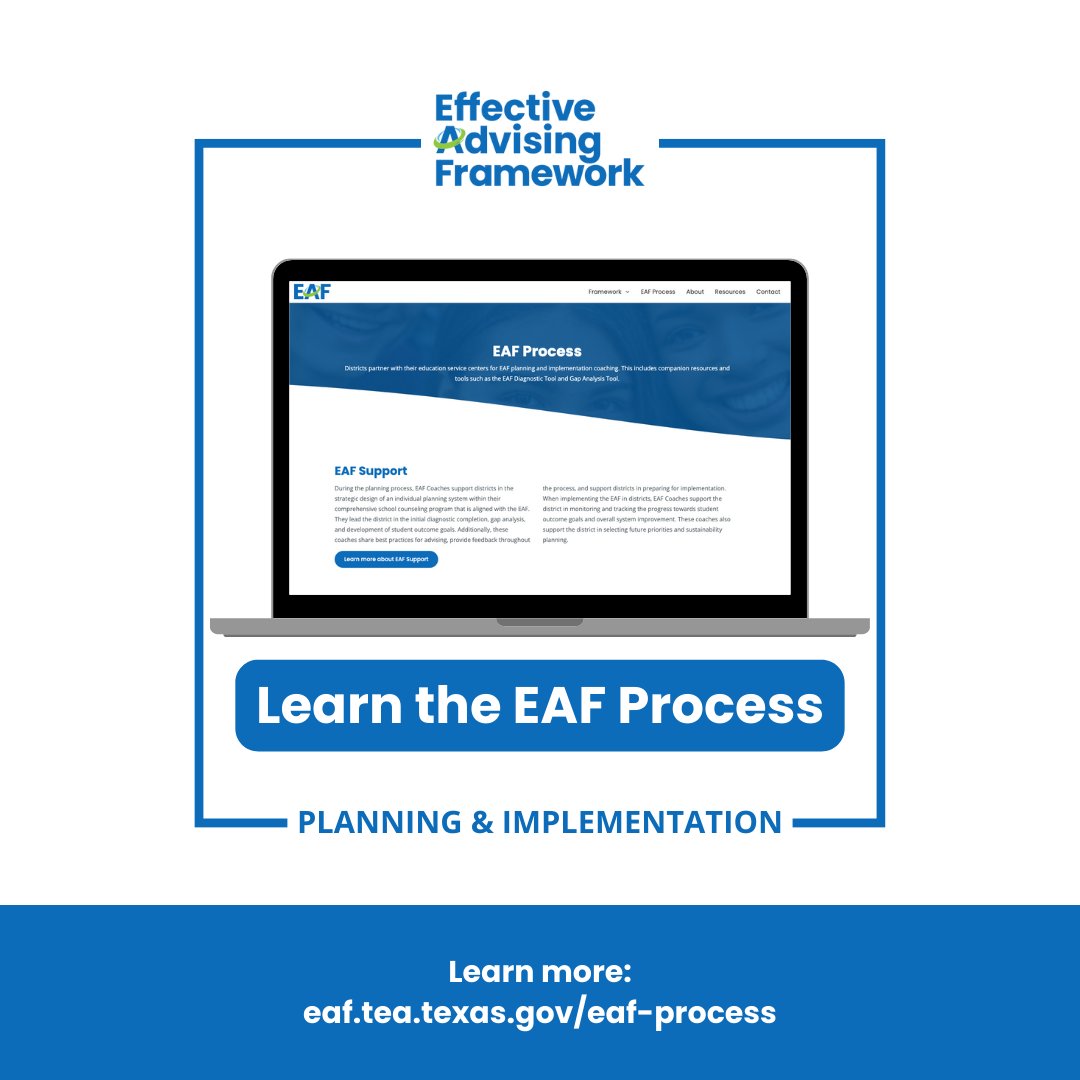 Build stronger advising systems with the Effective Advising Framework! Explore how your district can strengthen student planning at eaf.tea.texas.gov/eaf-process. 

Check out the 2025–26 grant opportunities that incorporate the EAF: tea.texas.gov/GrantOpportuni….

Apply by June 17, 2025.