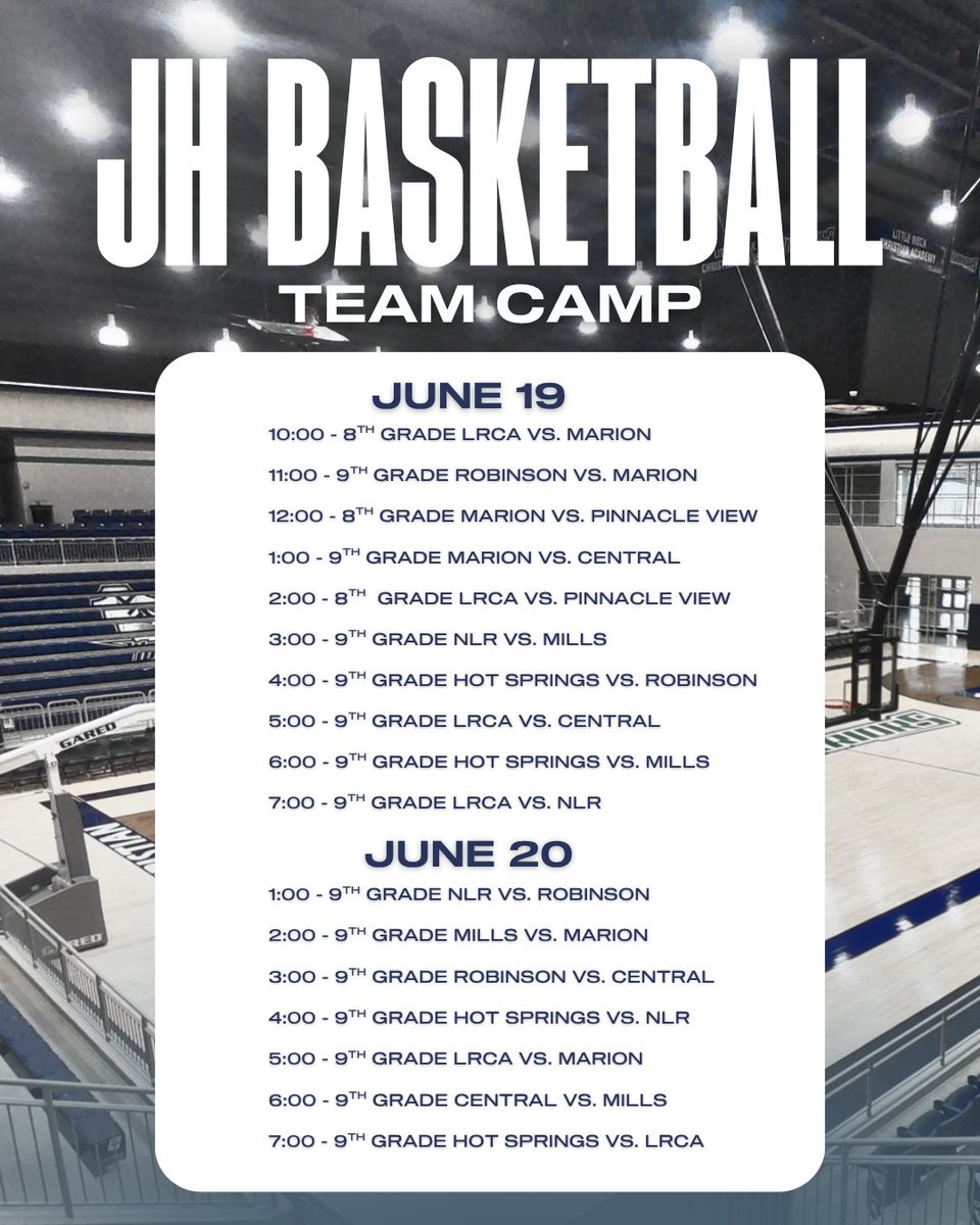 Little Rock Christian Academy Basketball (@lrca_hoops) on Twitter photo 🗓️ Mark your calendars now! June 19th & 20th some of the best Junior High talent in central Arkansas will be in Warrior Arena! You don’t want to miss it! 
#WarriorHoops 🗓️ Mark your calendars now! June 19th & 20th some of the best Junior High talent in central Arkansas will be in Warrior Arena! You don’t want to miss it! 
#WarriorHoops
