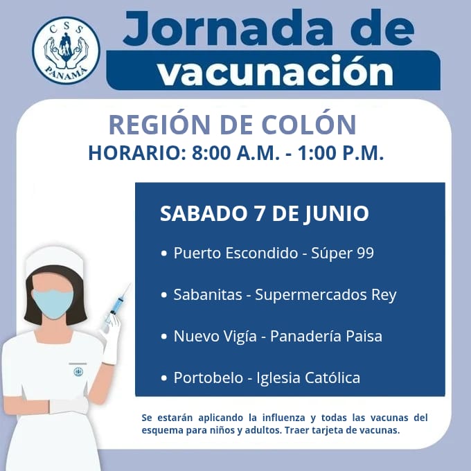 #Colón |  Este sábado 7 de junio, se realizará una vacunación en varios puntos de la provincia para aplicar la vacuna contra la influenza, así como las del esquema regular dirigidas tanto a niños como a adultos.  

La jornada se llevará a cabo de 8:00 a.m. a 1:00 p.m., con el