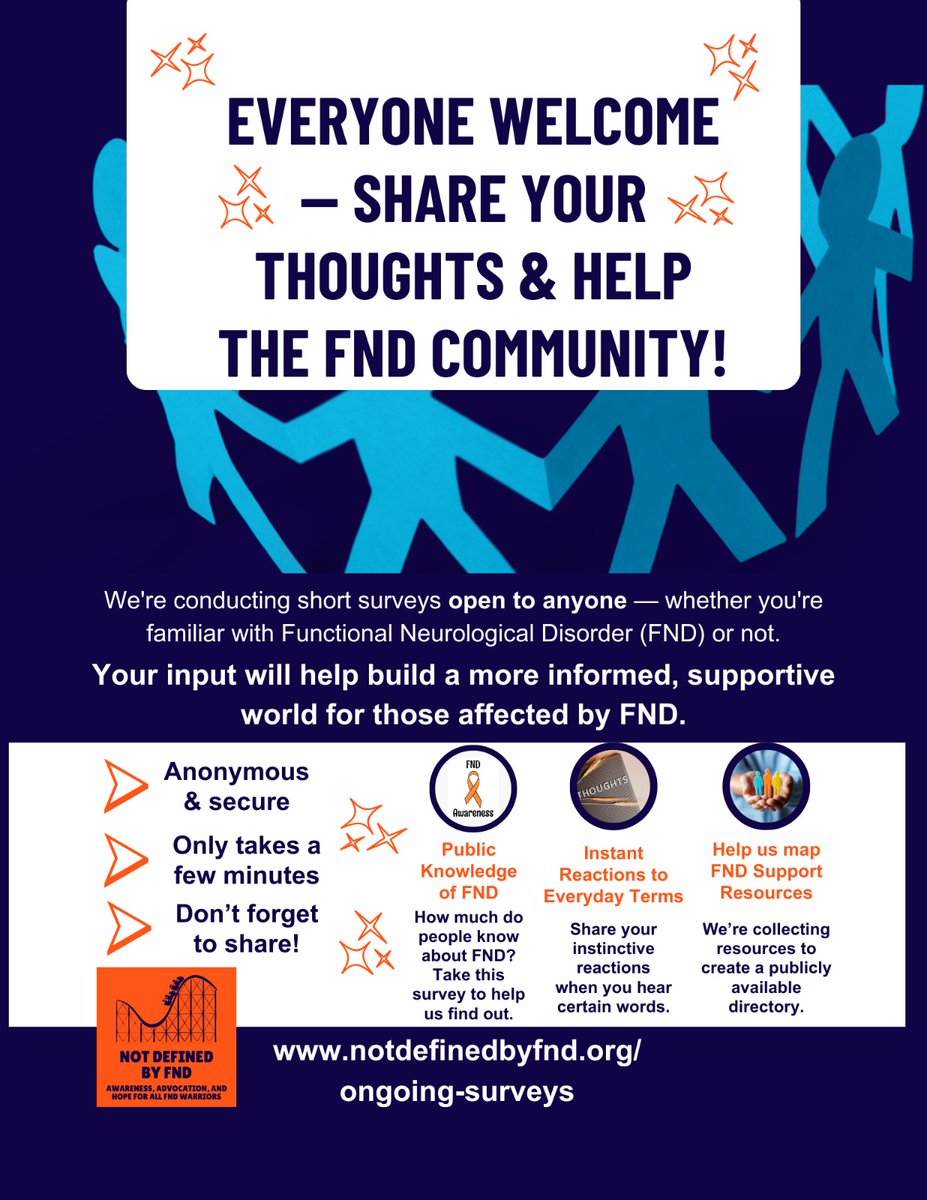 🌍 Everyone’s welcome — share your voice &amp; support the FND community!

🧠 Heard of Functional Neurological Disorder (FND)?

Take a quick, anonymous survey 👉 notdefinedbyfnd.org/ongoing-surveys
📣 Share with others — every response helps!

#FNDawareness #NotDefinedByFND #HealthAwareness